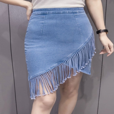 Fashion Cropped Washed Denim Skirt Fringe Tassel Skirt