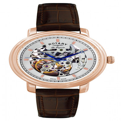 Rotary Jura Rose Gold Brown Leather Strap Automatic Men’s Skeleton Watch