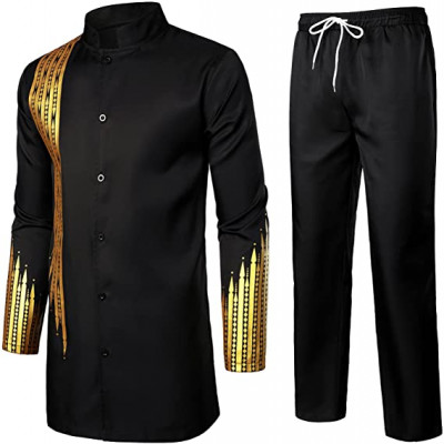 LucMatton Men's 2 Piece Outfit Long Sleeve Button up Shirt and Pants Traditional Ethnic Suit