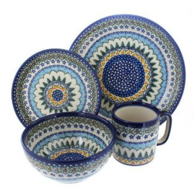 Blue Rose Polish Pottery Holiday Pine 4 Piece Place Setting