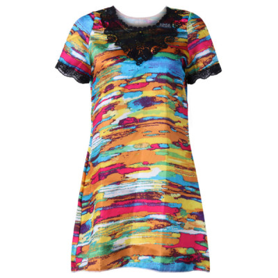 Women Stain Short Sleeve Sleepwear Colorful Printing Lace Comgfort Soft Nightdress