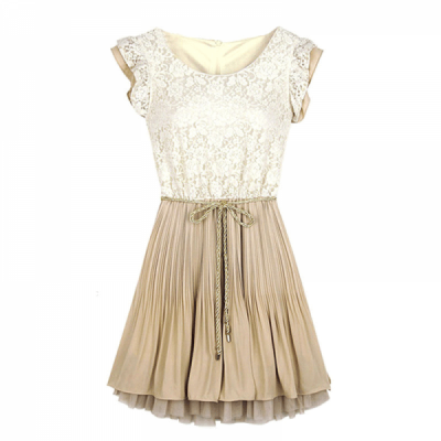 Casual Women's Fashion Beige Lace Frill Sleeve Belt Chiffon Pleated Dress Plus Size Dresses